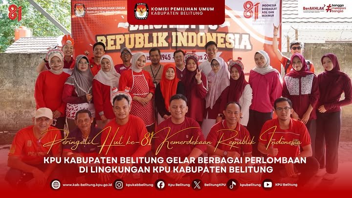 KPU Kabupaten Belitung memeriahkan Peringatan HUT ke-81 Kemerdekaan Republik Indonesia Tahun 2026 melalui berbagai perlombaan di lingkungan Kantor KPU Kabupaten Belitung