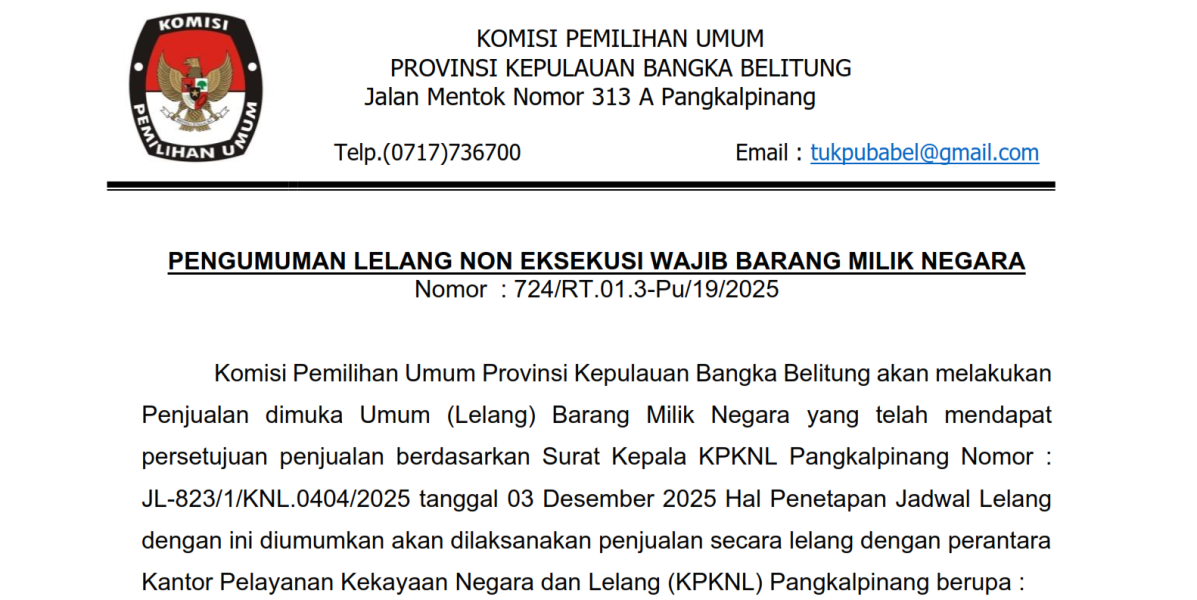 PENGUMUMAN LELANG NON EKSEKUSI WAJIB BARANG MILIK NEGARA
